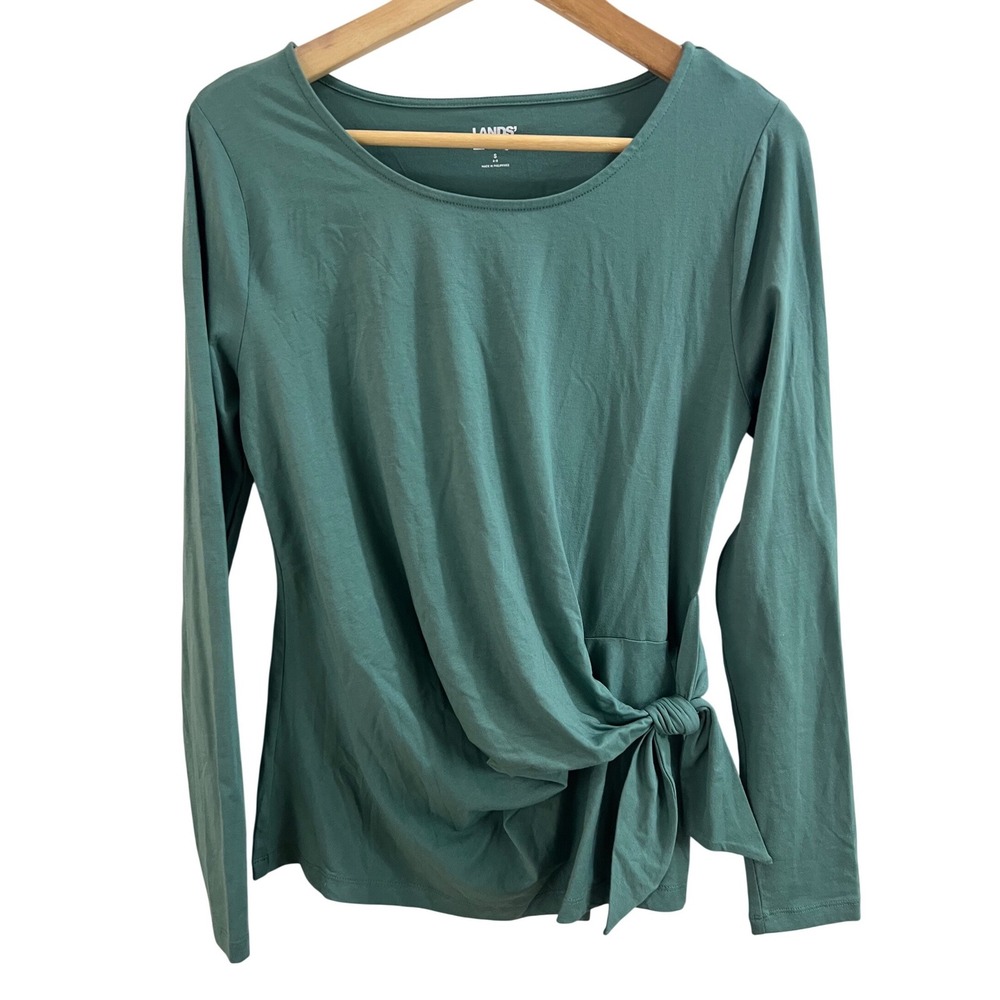 Lands' End Top Women S Green Long Sleeve Side Tie Tencel Modal Blend